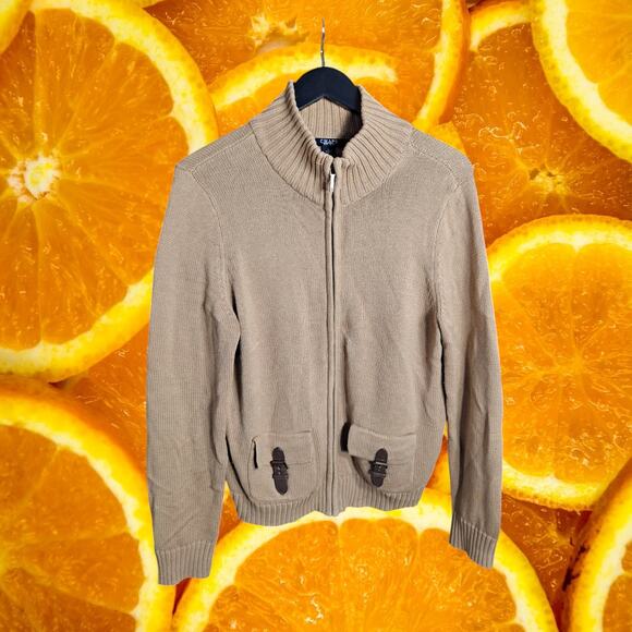 Chaps Women's Beige Cotton Toggle Pocket Full-Zip High‎ Neck Sweater Size L - Picture 2 of 6